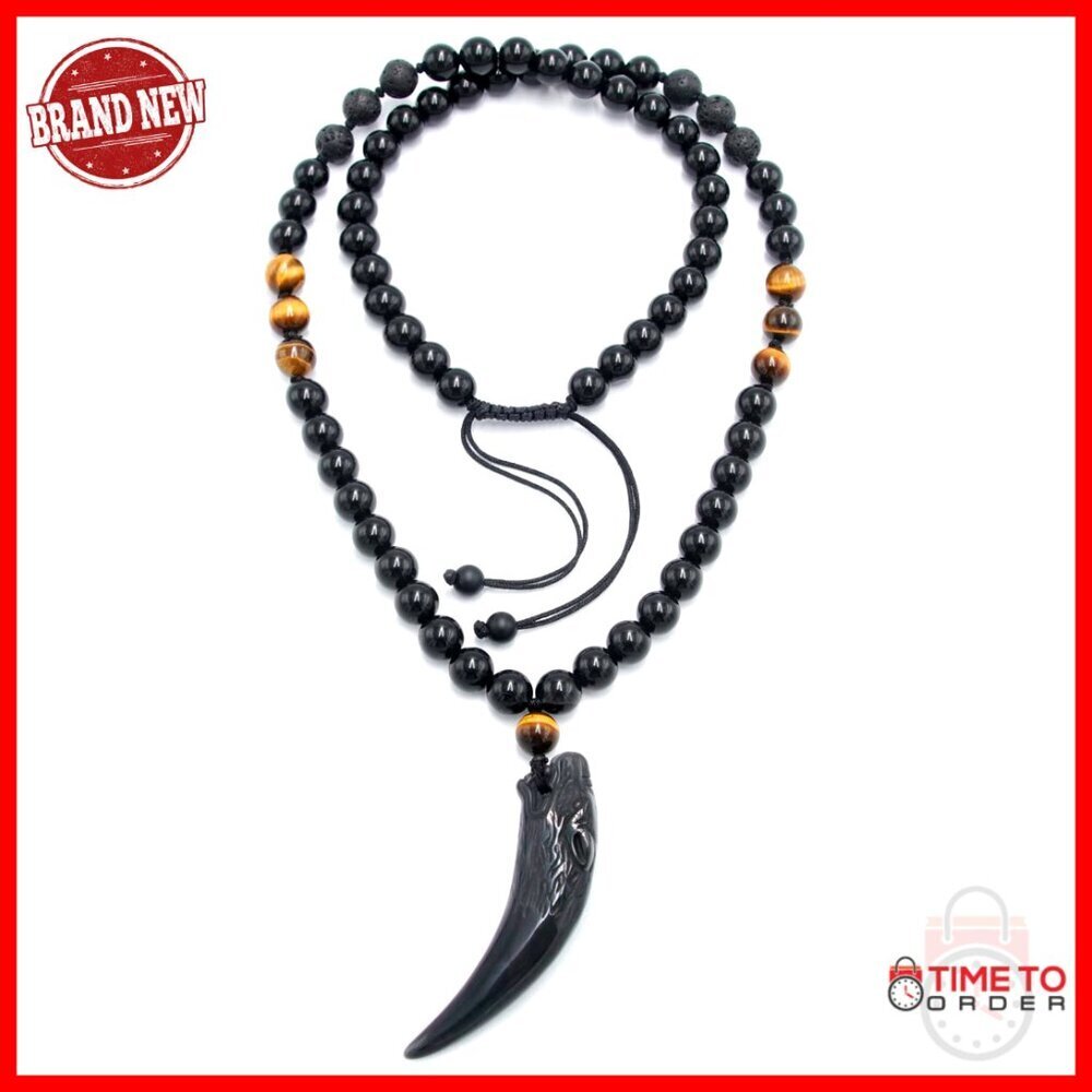 Men's Wolf Tooth Obsidian Tiger Eye Healing Necklace Adjustable Natural Stone